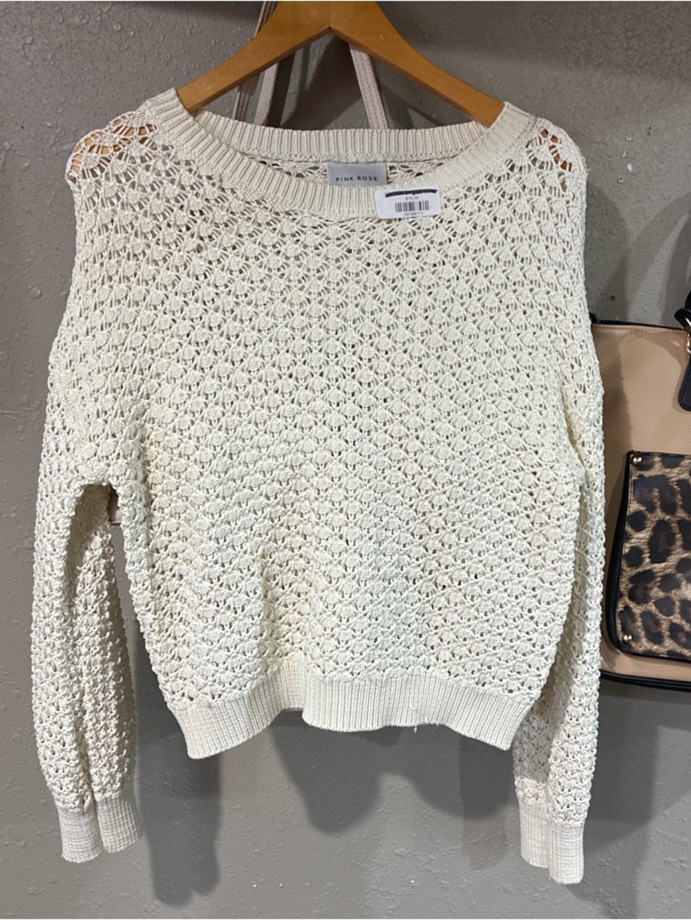 Pink Rose Women's Cream Crochet Open-Knit Sweater